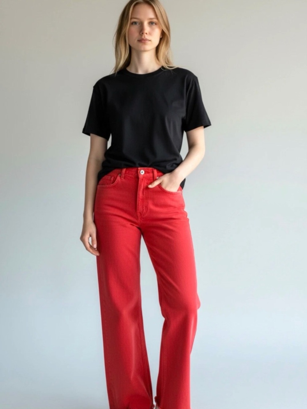 SOLD 💥 Zara Women Pants 4 Red Wide Leg Denim Jeans High Rise